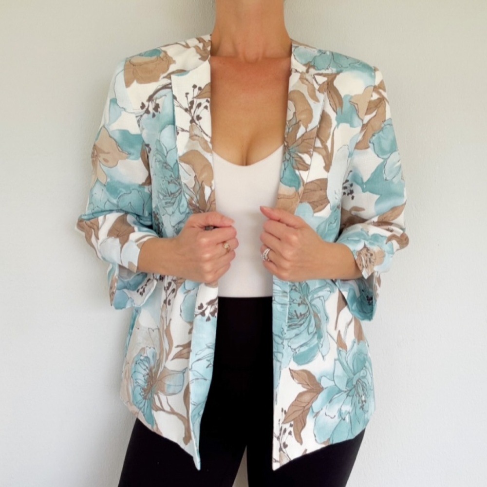 Vintage Alfred Dunner blue tan floral print drape style blazer jacket size 8